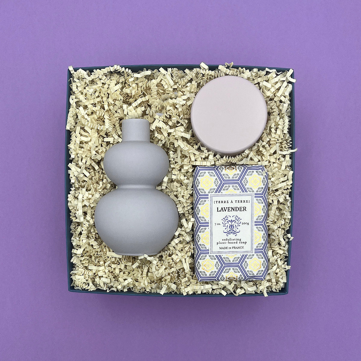 Bloom Gift Box with decorative vase, calming lavender soap, and travel tin candle