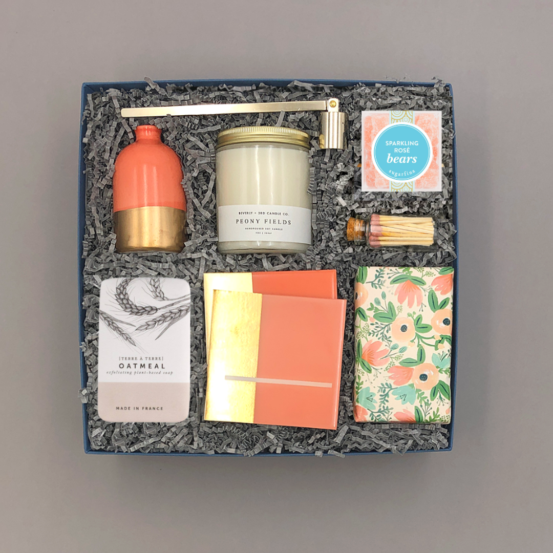Host Gift Box with coral bud vase, Peony Fields candle, foiled coasters, cookies, Champagne Bubbly Bears, and oatmeal soap