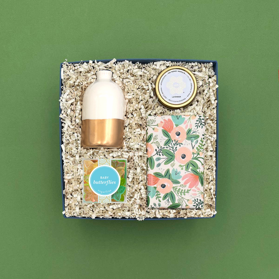 Thoughtful gift box for birthdays, housewarmings, or “just because” with vase, cookies, lip balm, and gummies