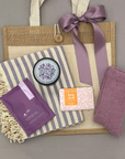 Spa Tote gift with Turkish towel, bath soak, cozy socks, and soap