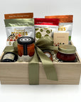Made in NC Gift Crate with Queen City Crunch Pretzels, tomato soup, Piedmont Pennies cheese bites, honey, hand soap, marinara, jam, and kitchen towel.