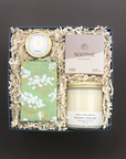 Mindful Moment Gift Box with Peony Fields candle, lavender shower steamer, peppermint lip balm, and salted caramel almond cookies