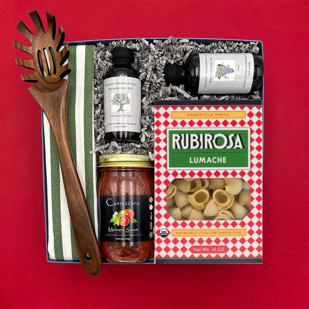Thoughtful Italian-inspired gift box with pasta, sauce, and kitchen towel