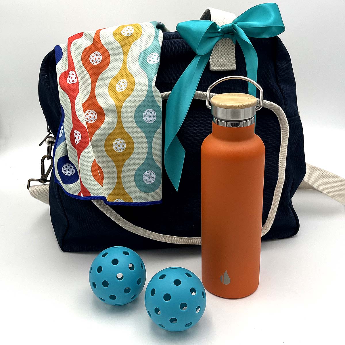 Rally Ready Pickleball Gift Bag with tote, water bottle, cooling towel, and pickleballs