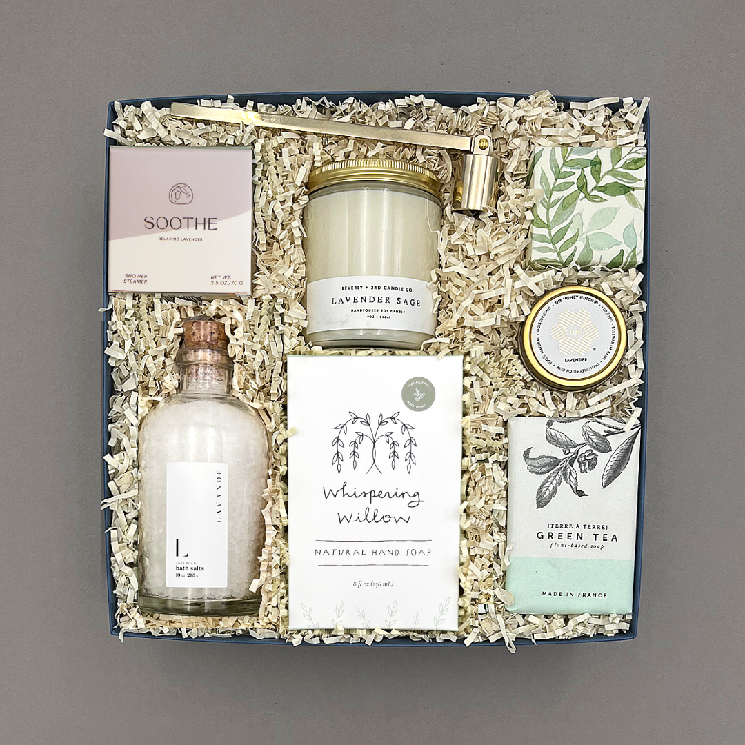 Restore Gift Box with candle, bath salts, shower steamer, soap, and self-care treats