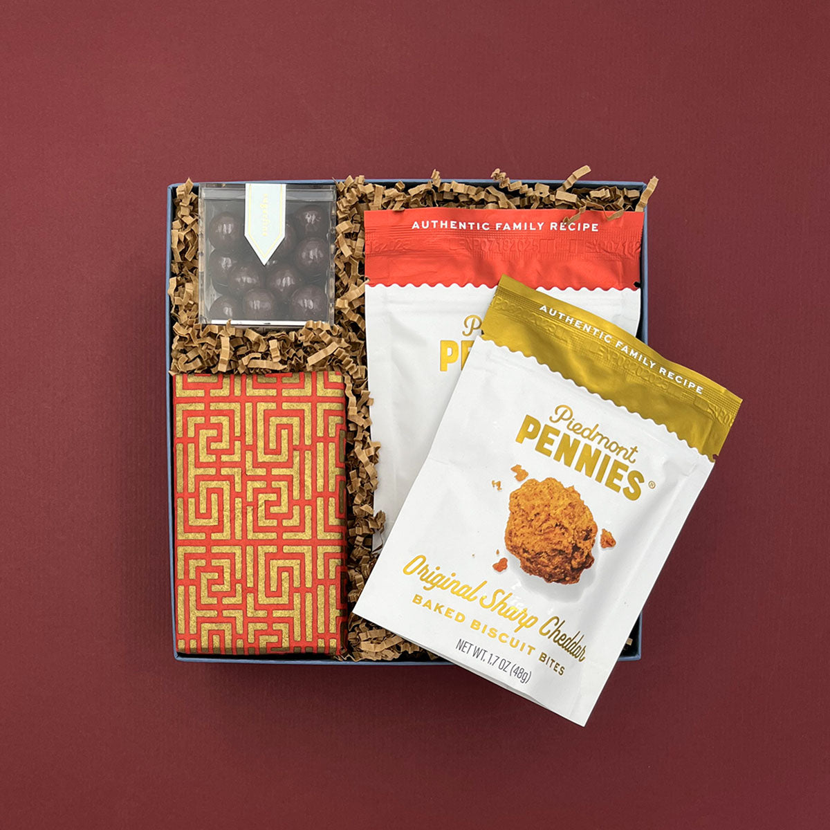 Snack Break Gift Box with cookies, cheddar bites, spicy crackers, and caramels