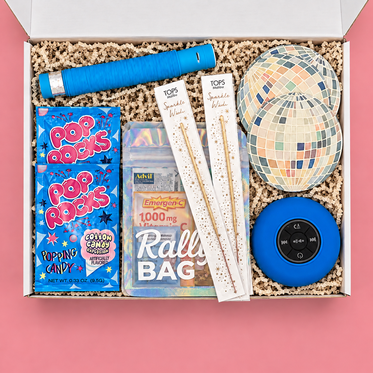 Curated party supplies gift box for college care package.