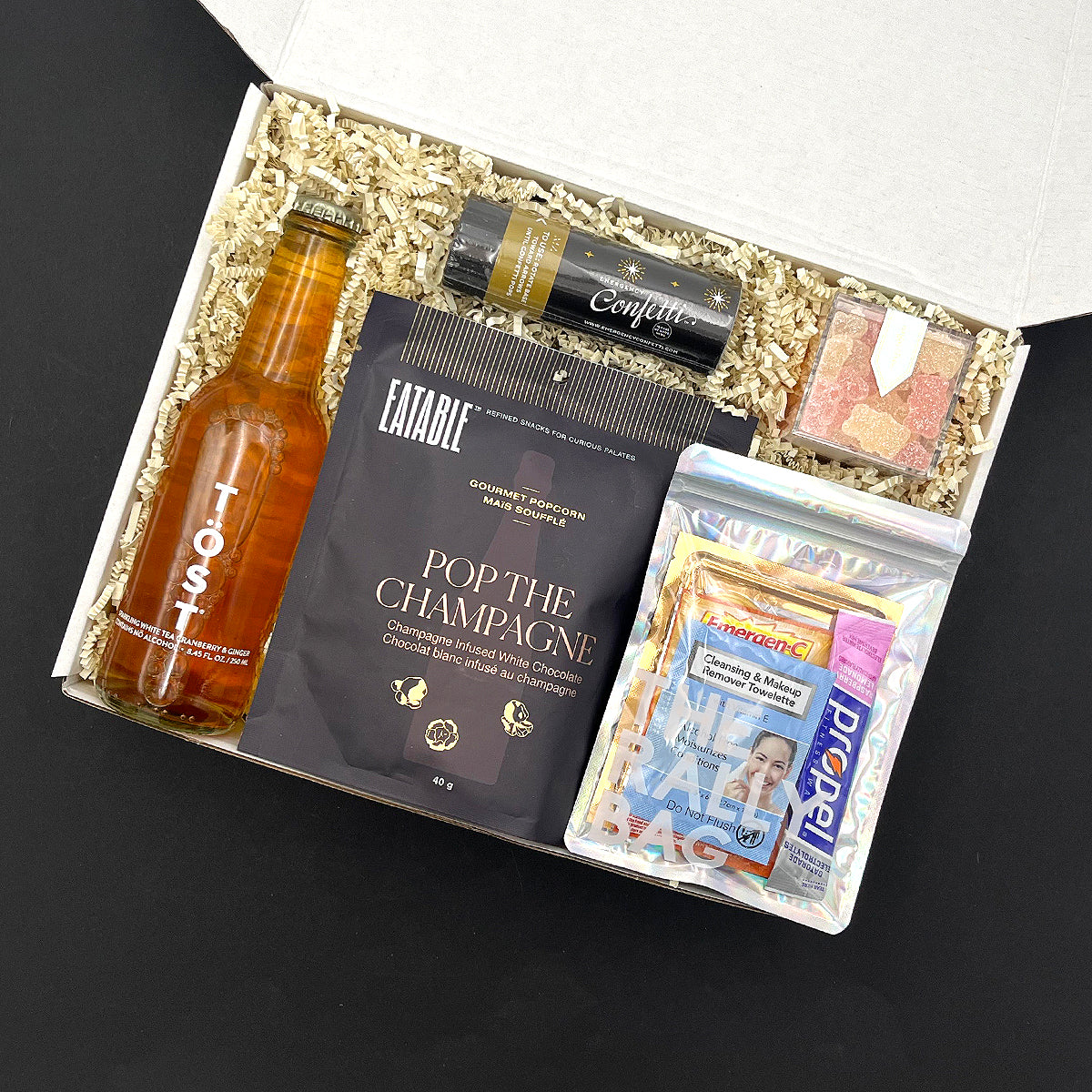 Gift box with celebration items.