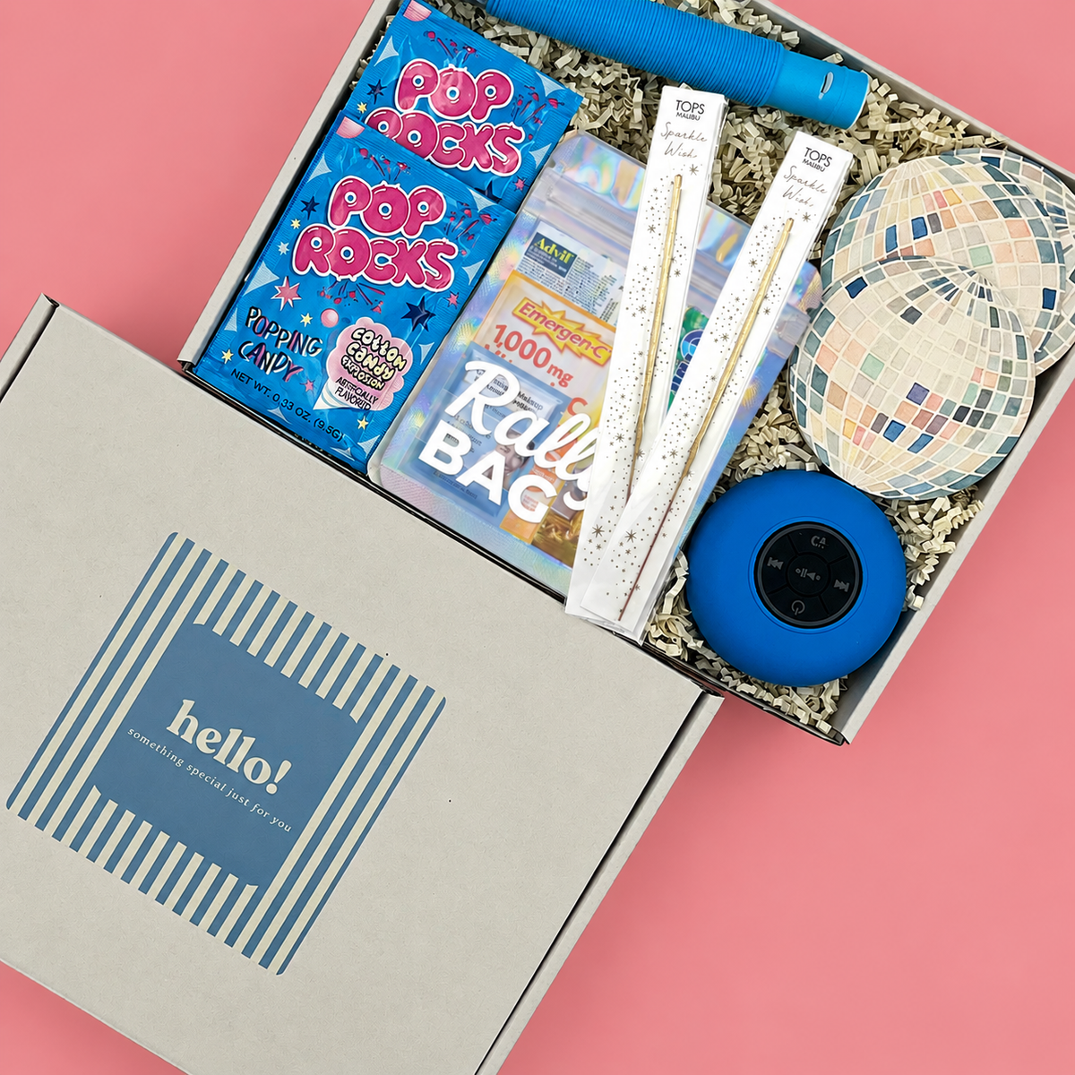 Curated party supplies gift box for college care package.