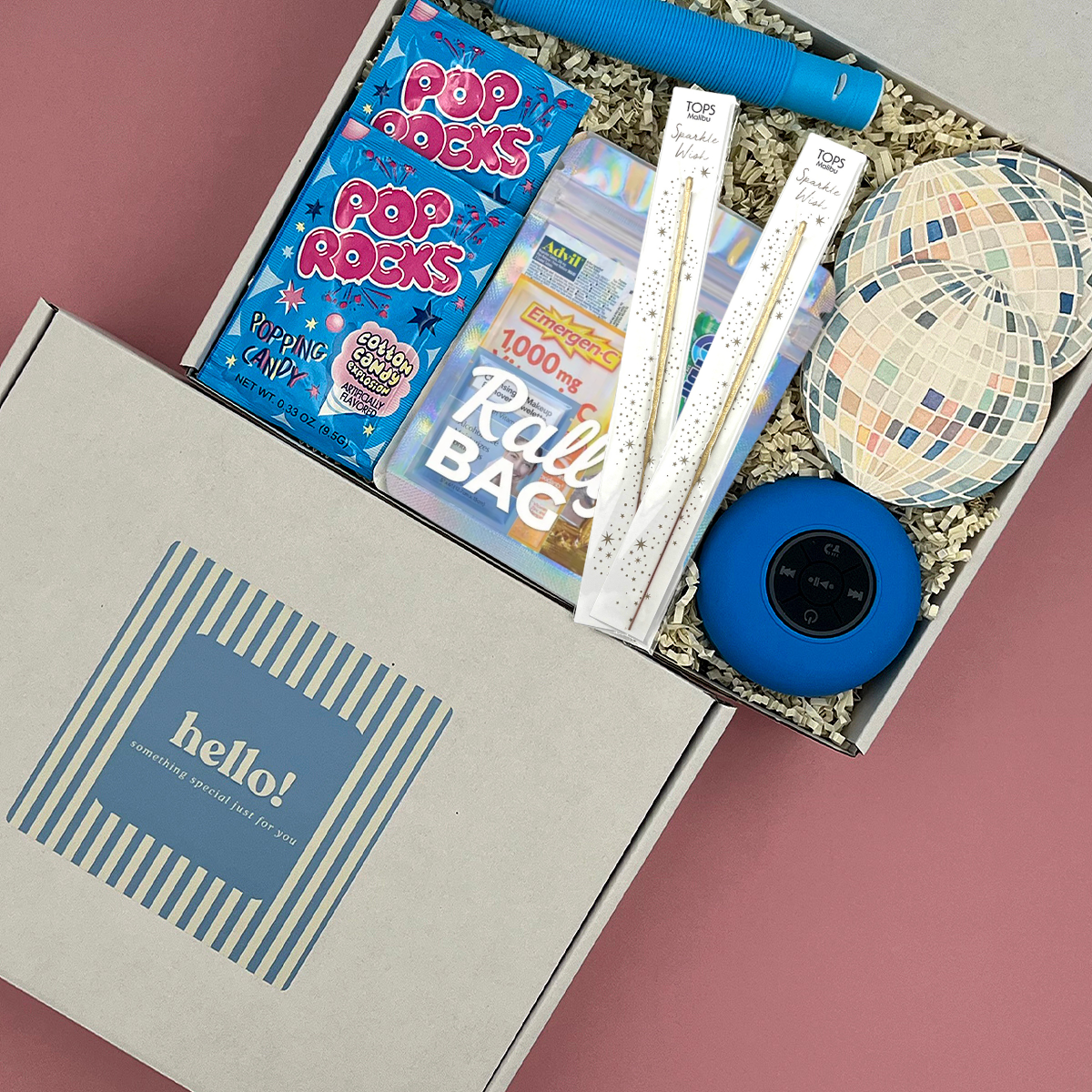 Curated party supplies gift box for college care package.