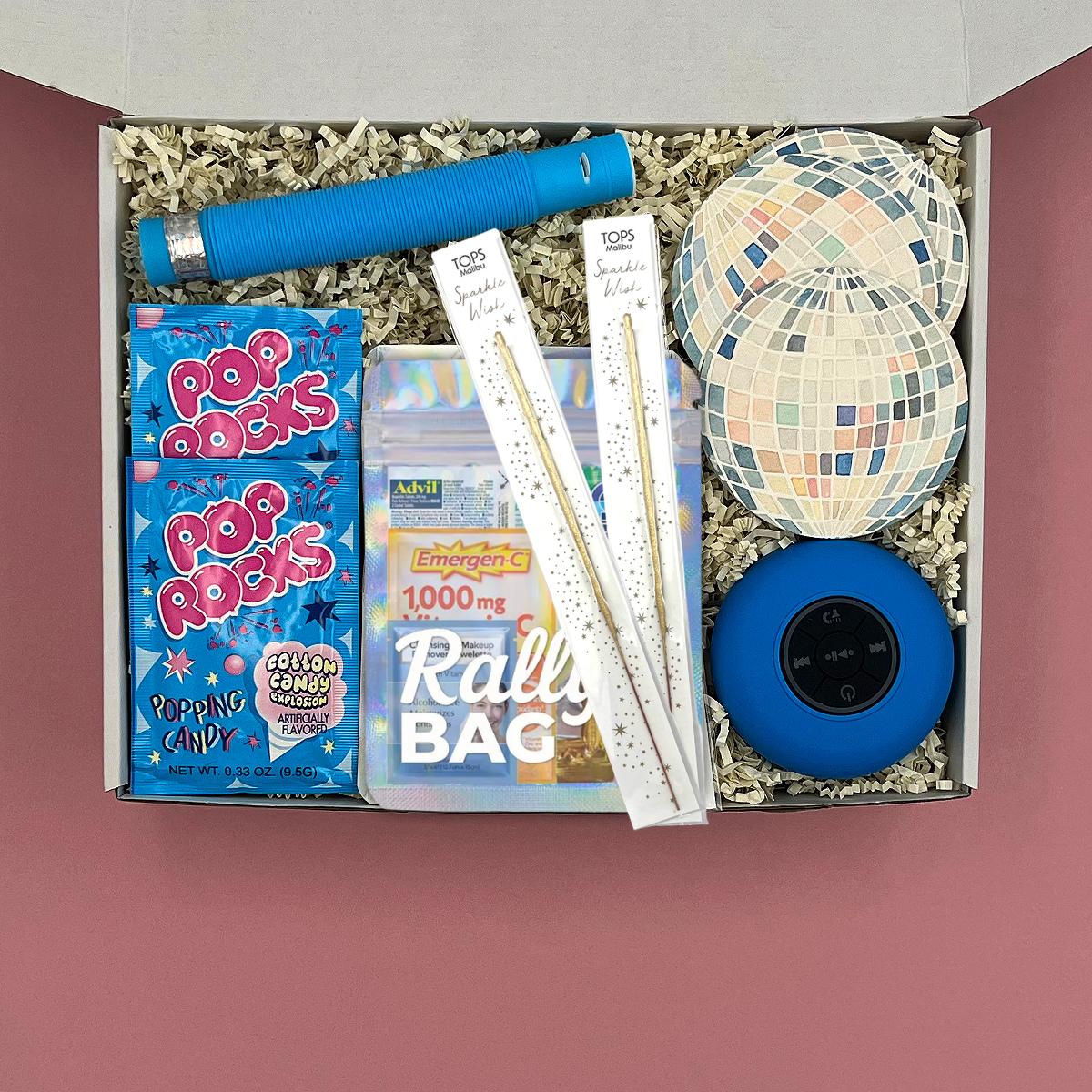 Curated party supplies gift box for college care package.