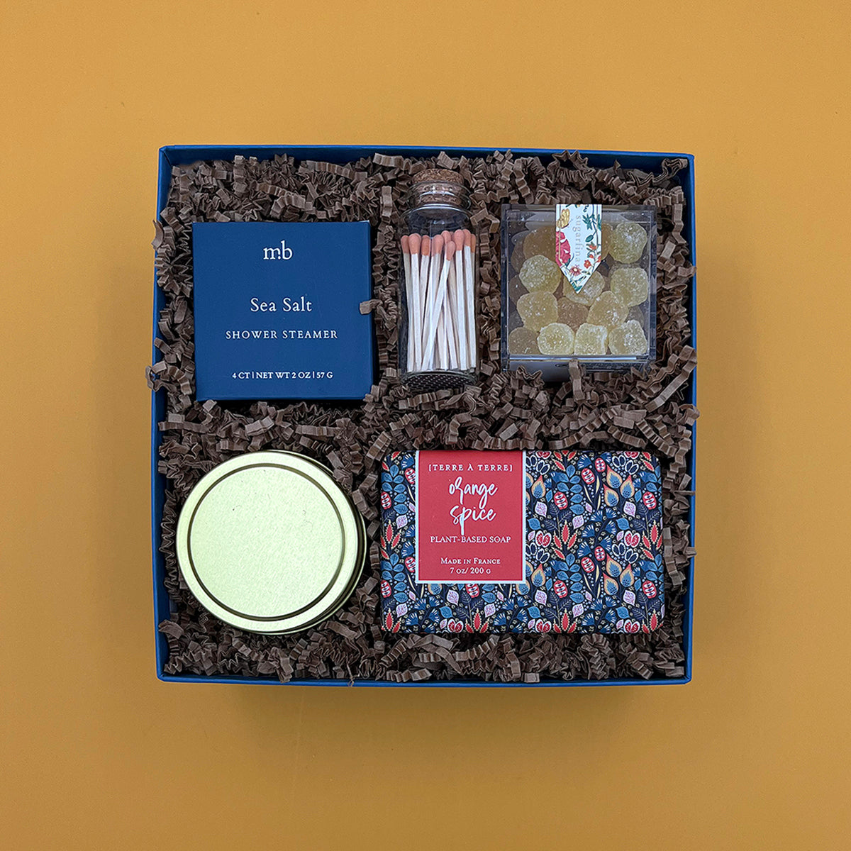 Fresh Start thinking of you gift box with bright citrus treats, candle, soap and shower steamer