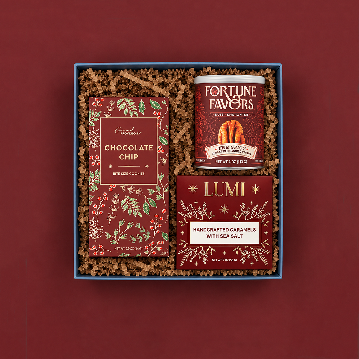 Good Tidings holiday gift box with chocolate chip cookies, spicy candied pecans, and sea salt caramels.
