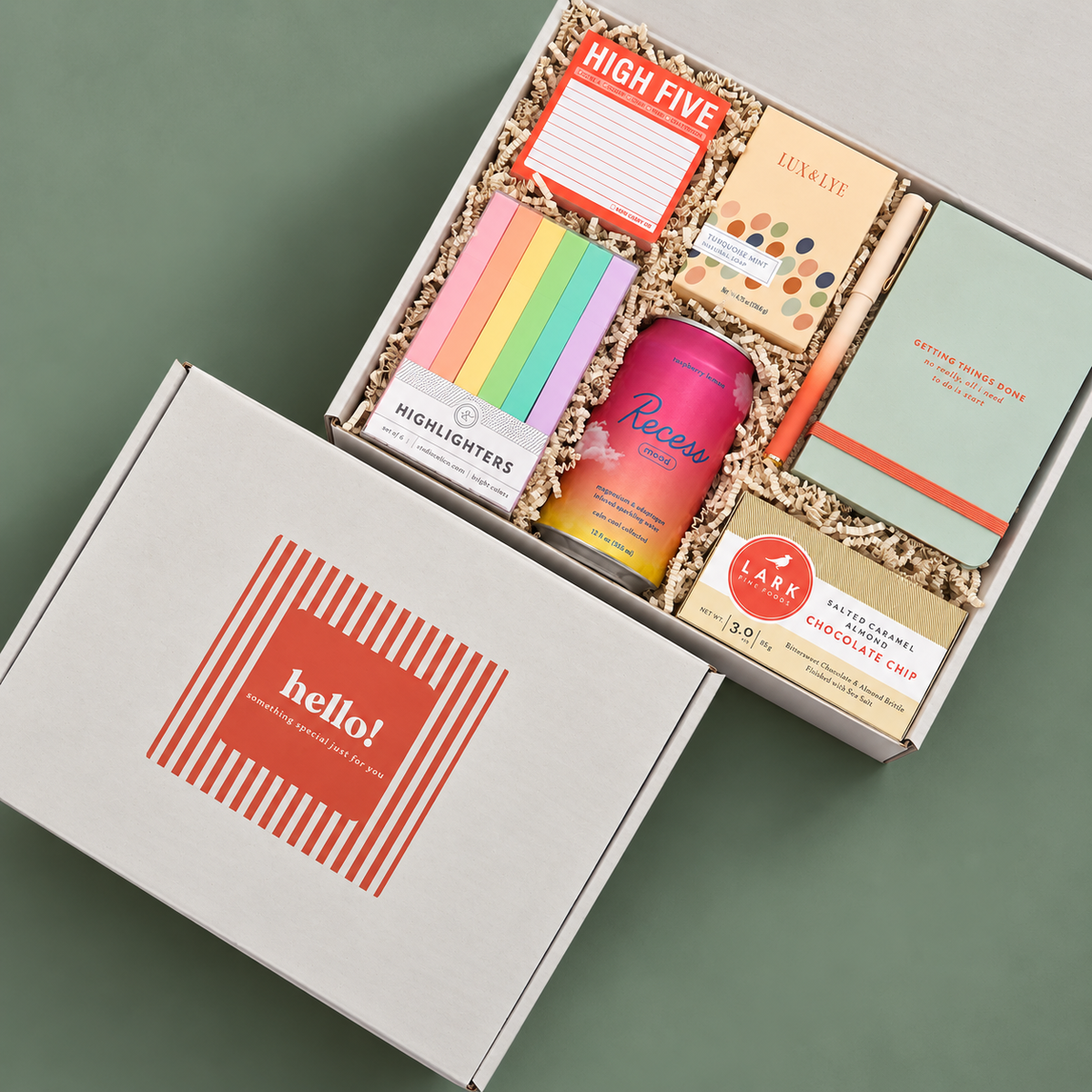 Colorful college gift box with Getting Things Done notebook, gradient pen and Brights highlighters