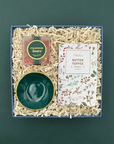 Holiday Cheer Gift Box with Champagne Bears, emerald ring dish, and butter toffee pretzels.