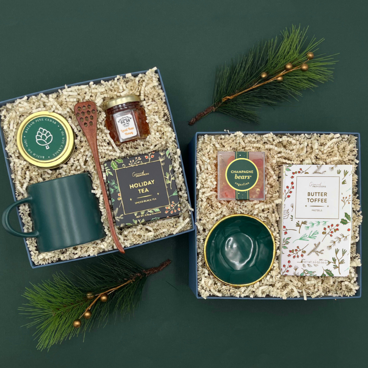 Elegant Holiday Cheer Gift Box and Tea Time with emerald green and gold accents.