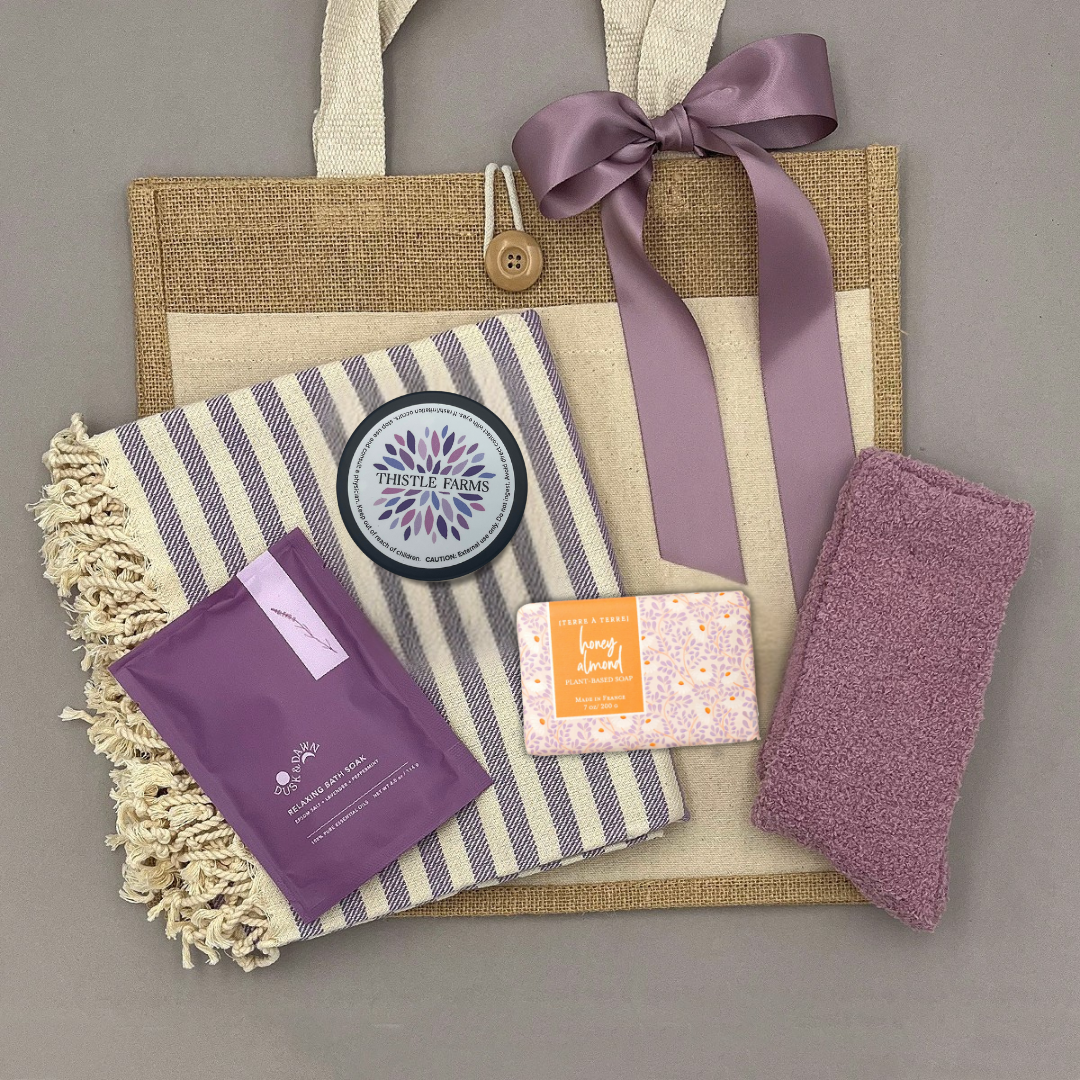 Spa Tote gift with Turkish towel, bath soak, cozy socks, and soap