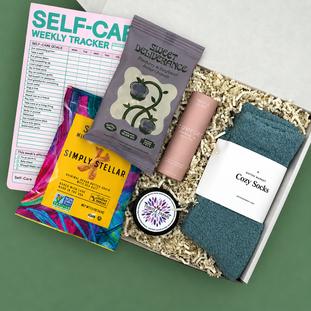 Mood boost gift box for college students with signature label and handwritten note card.
