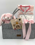 Gray diaper tote with pink ribbon, plush toy, and baby sleep sack, bib and teether rattle on a white background