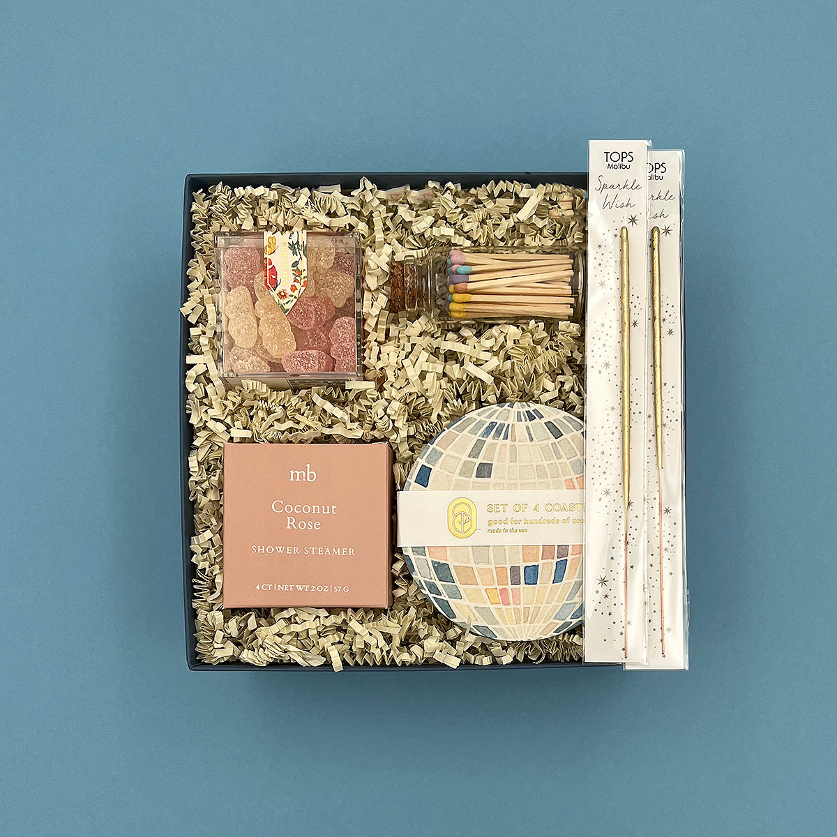 Shine On celebration gift box with disco ball coasters, Bubbly Bears, shower steamers, sparklers and pastel matches